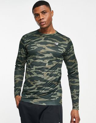 New Balance Accelerate long sleeve top in camo print-Green