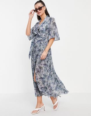 & Other Stories recycled abstract print pleated skirt midi dress-Blues