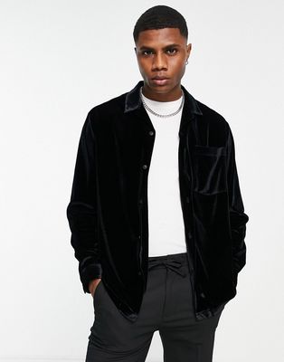 Topman long sleeve velvet shirt in black