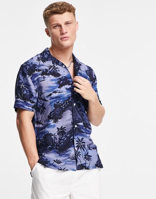Tommy Hilfiger short sleeve hawaiian print revere collar shirt in tonal blues