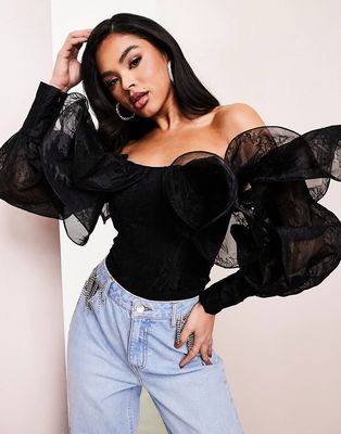 ASOS LUXE lace bodysuit with wire bardot in black