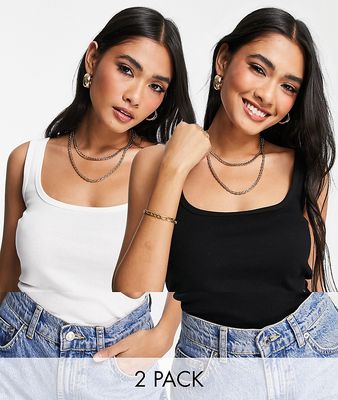 River Island 2 pack square neck tank tops in black and white-Multi