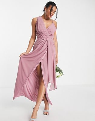 TFNC Bridesmaid chiffon wrap maxi dress with hi low hem in lavender-Purple