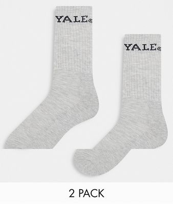 Jack & Jones 2 pack socks with Yale varsity print in gray heather