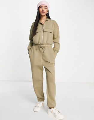 ASOS DESIGN brushed fleece half zip sweatpants jumpsuit in khaki-Green