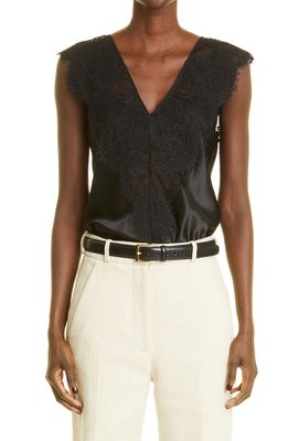 Co Lace Double V-Neck Silk Top in Black