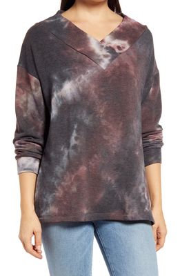 Loveappella Wide Neck Tie Dye Tunic Pullover in Charcoal/Mauve