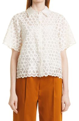 Rebecca Taylor Embroidered Floral Cotton & Silk Blouse in Snow