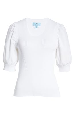 CeCe Mixed Media Puff Sleeve Blouse in Ultra White