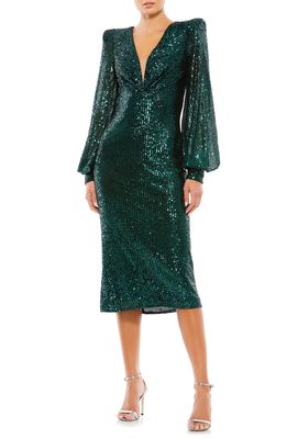 Mac Duggal Sequin Puff Sleeve Midi Dress in Black Emerald