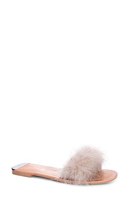 Chinese Laundry Zoey Faux Feather Slide Sandal in Taupe Faux Fur