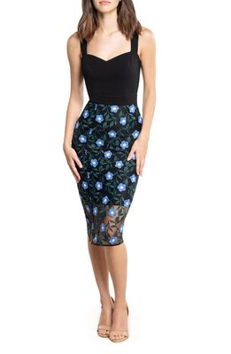 Dress the Population Ellina Embroidered Floral Body-Con Dress in Sky Blue Multi