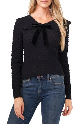 CeCe Pointelle Knit Collared Sweater with Velvet Bow in Rich Black