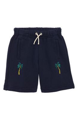 Palm Angels Kids' Palm Tree Embroidered Fleece Shorts in Navy Blue Yellow