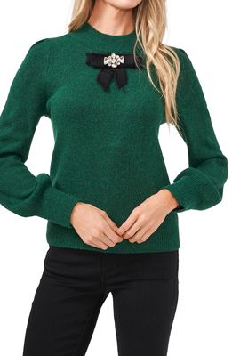 CeCe Jeweled Bow Detail Sweater in Alpine Green