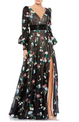 Mac Duggal Floral Embroidered Long Sleeve Gown in Black Multi