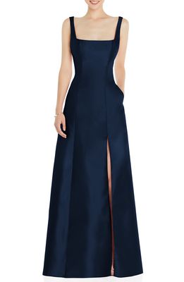 Alfred Sung Square Neck Satin A-Line Gown in Midnight Navy