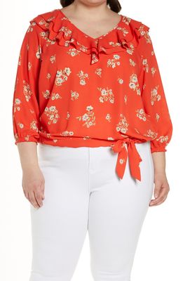 Wit & Wisdom Floral Ruffle Neck Top in Electric Orange /Multi