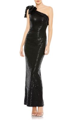 Mac Duggal Bow Sequin One-Shoulder Column Gown in Black