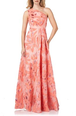 Kay Unger One-Shoulder Organza Jacquard Gown in Persimmon