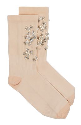 Simone Rocha Crystal & Imitation Pearl Flower Crew Socks in Rose/Pearl/Crystal