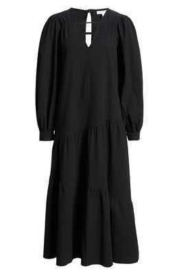 TOPSHOP Chuck Long Sleeve Textured Stretch Cotton Poplin Dress in Black