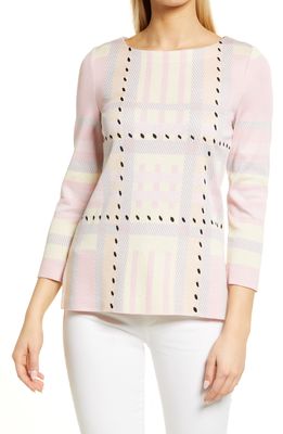 Ming Wang Plaid Whipstitch Detail Sweater in Whisper Pink/White/Black