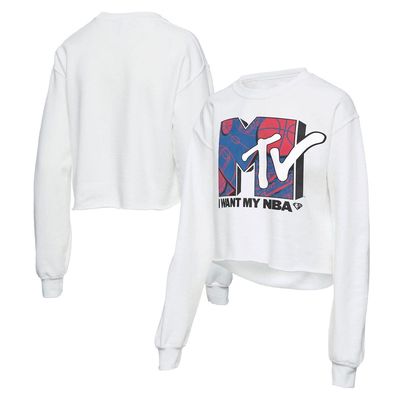 Women's Junk Food White NBA x MTV I Want My Cropped Fleece Pullover Sweatshirt