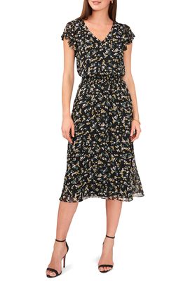 Chaus Floral Smocked Flutter Sleeve Midi Dress in Rich Black