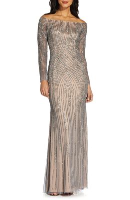 Adrianna Papell Long Sleeve Off the Shoulder Beaded Mermaid Gown in Sterling