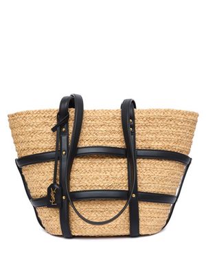Saint Laurent - Panier Caged Leather-trim Raffia Basket Bag - Womens - Black Cream