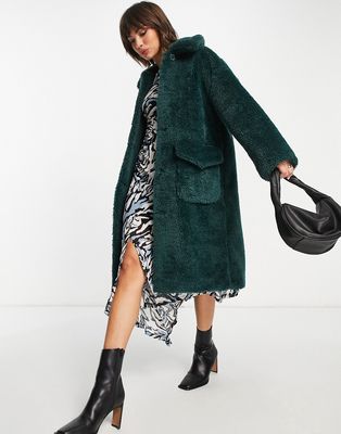 Topshop long teddy coat in forest green