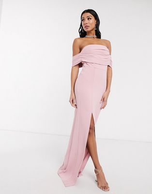 Yaura column maxi dress with pleat off shoulder detail in blush-Pink