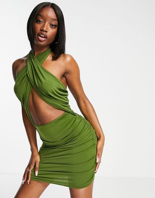 First Distraction the label tie front halter mini dress in olive-Green