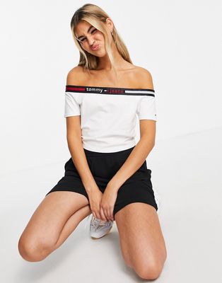 Tommy Jeans elastic logo tape cold shoulder top in white