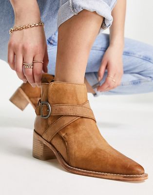 Free People back loop ankle boots with cross straps and buckle in tan-Brown