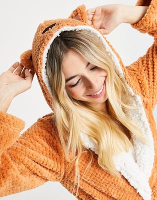 Loungeable fox waffle robe in ginger-Orange