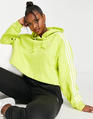 adidas Originals adicolor 3 stripe cropped hoodie in lime-Green
