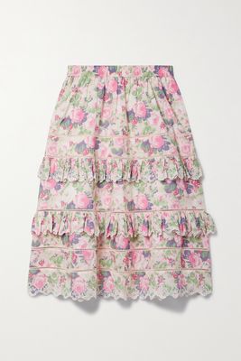 LoveShackFancy - Naila Tiered Crochet-trimmed Floral-print Cotton-voile Midi Skirt - Pink
