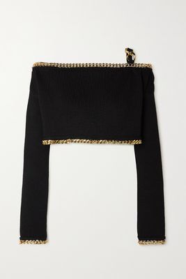 Balmain - Cropped Off-the-shoulder Chain-embellished Knitted Top - Black