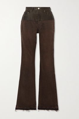 AMIRI - Leather-trimmed Distressed High-rise Flared Jeans - Brown
