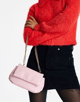 ASOS DESIGN crossbody bag with flap and chain handle in pink weave