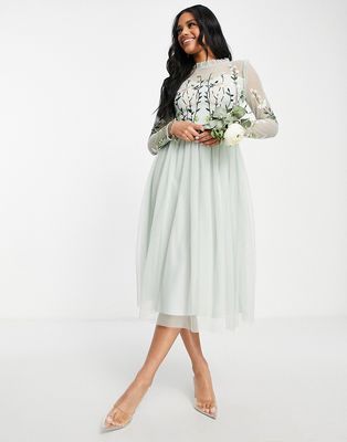 Frock and Frill Bridesmaid maxi dress with pleated skirt and embroidered top in sage-Green