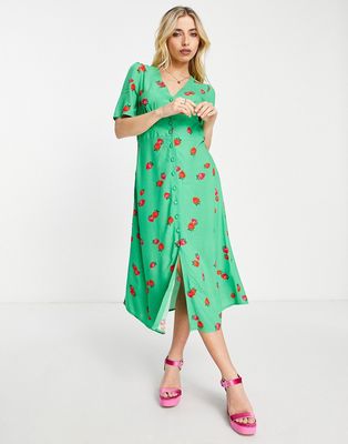 Nobody's Child button tea midi dress in green strawberry print