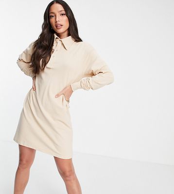 Threadbare Tall long sleeve polo shirt mini dress in sand-Neutral