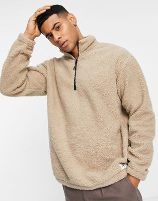 Selected Homme oversized sherpa sweatshirt with 1/4 zip in beige-Neutral