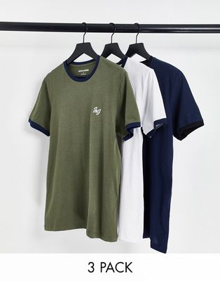 Jack & Jones 3 pack ringer t-shirts in white, navy & olive green-Multi