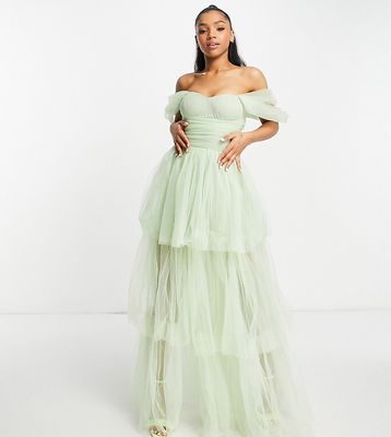 Lace & Beads exclusive off-the-shoulder tulle tiered maxi dress in sage green