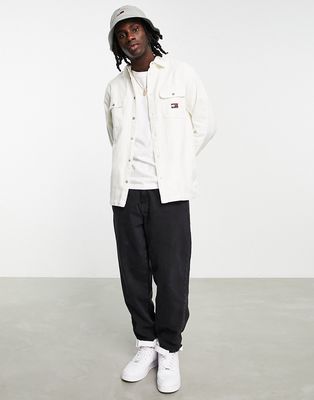 Tommy Jeans badge logo brushed twill relaxed fit overshirt in off white