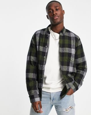 French Connection long sleeve gingham check flannel shirt in dark green